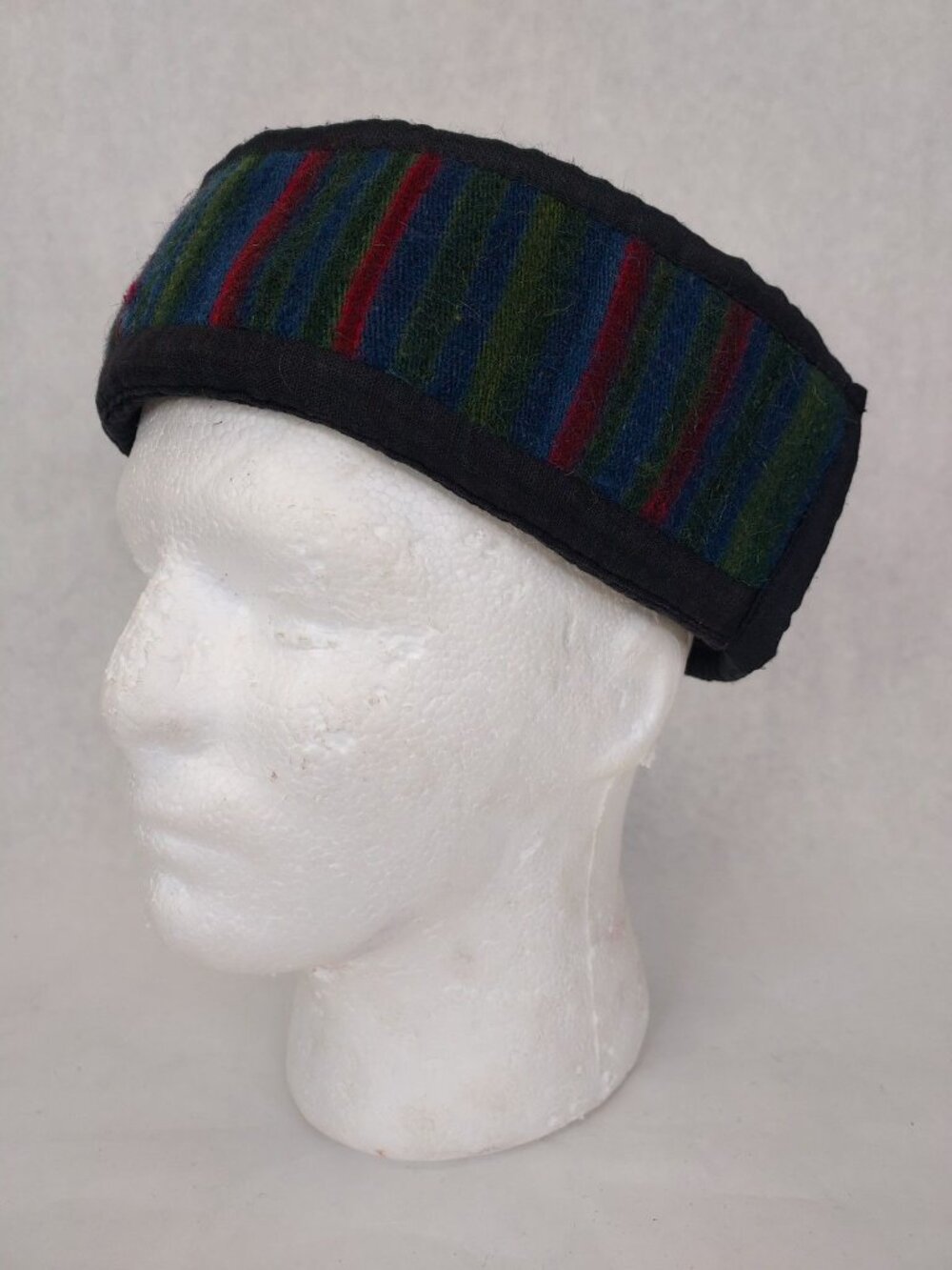 Handmade Nepalese Wool Smoking Cap Blue Brim 22.5" Around Multi Stripe Tapestry